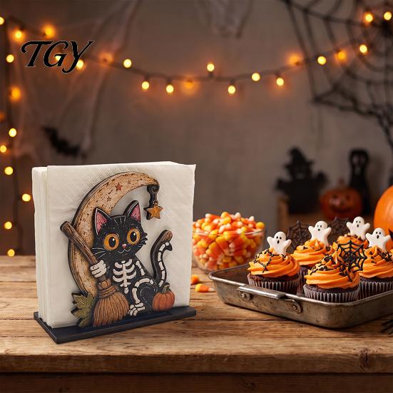 Funny Halloween Home Accessories Wood Napkin Holder, Vintage Rustic Dispenser Organizer, Spooky Ghost Holder Black Cat Boo Tissue Stand for
