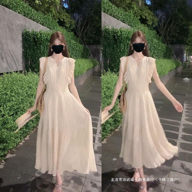 Japanese New Chen Duling Small Fly-Sleeve Floral Pleated Dress for Women, Summer High-Waisted A-Line Casual Long Dress