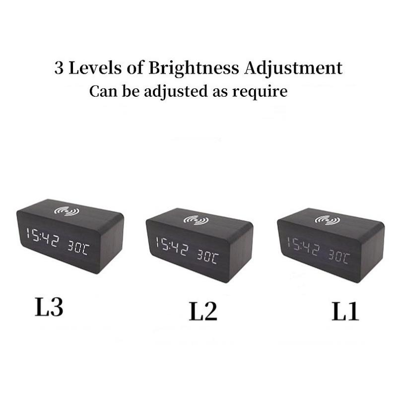 Деревянный цифровой будильник с питанием от USB и беспроводной зарядкой, настольные часы с 12/24-часовым голосовым управлением и режимом даты и ночного видения