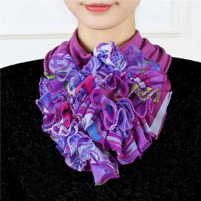 Цветной цветочный принт, шифоновый шейный платок, дышащие оборки, поддельный воротник, стильный съемный декоративный шарф
