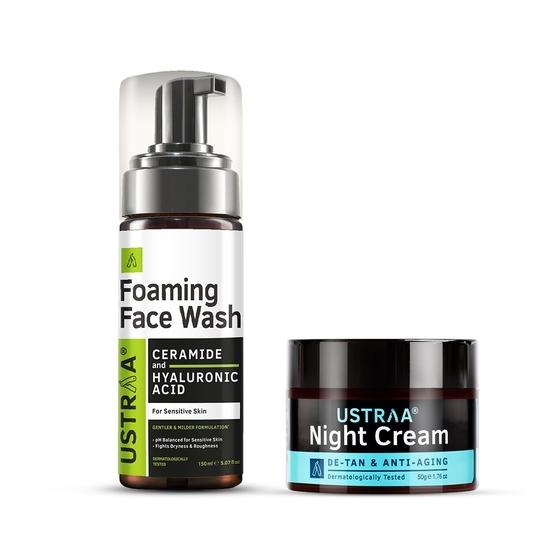 Ustraa Bright Night Kit - Пенящееся средство для умывания - Для чувствительной кожи - 150 мл | Удержание влаги | с керамидами и ночным кремом - De-tan