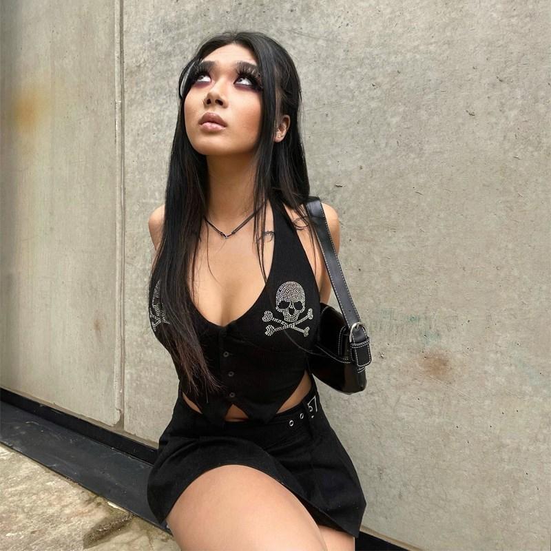 Уличная одежда, жилет без рукавов со стразами в стиле панк, бретелька на шее, сексуальный жилет на бретелях, винтажная готическая эстетичная летняя модная повседневная майка