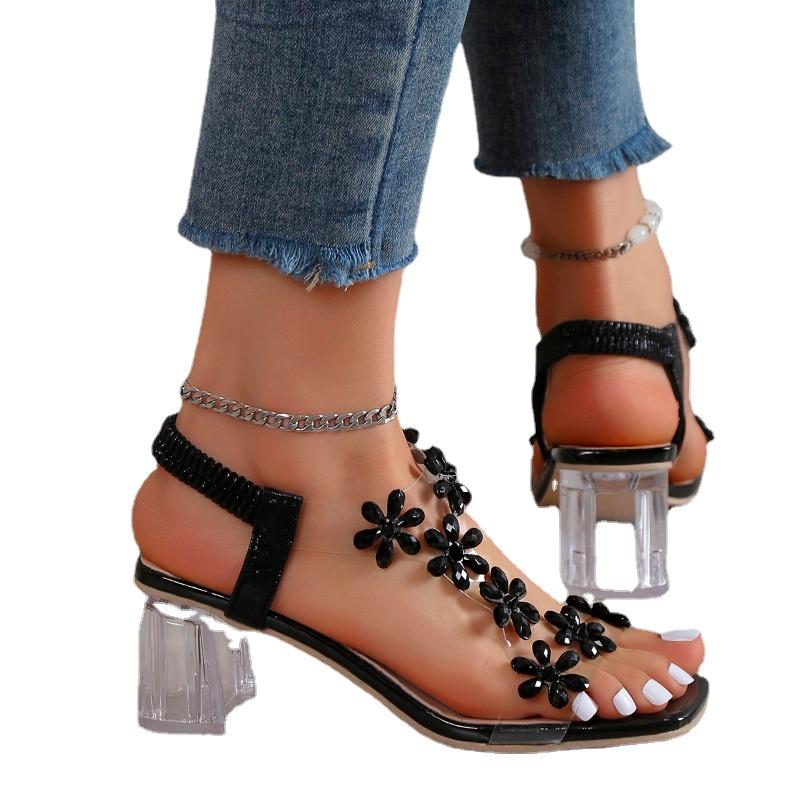 Женские босоножки 2024 года, летняя новая мода, туфли на высоком каблуке, цветы, стразы, прозрачные босоножки с открытым носком, Zapatos De Mujer