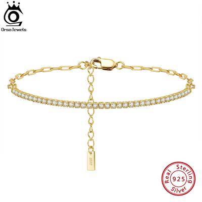 ORSA JEWELS Браслет-цепочка "Скрепка" с покрытием из 14-каратного золота, теннисный браслет для женщин, 925 пробы, стерлинговое серебро, ручная работа, ювелирные изделия SB141