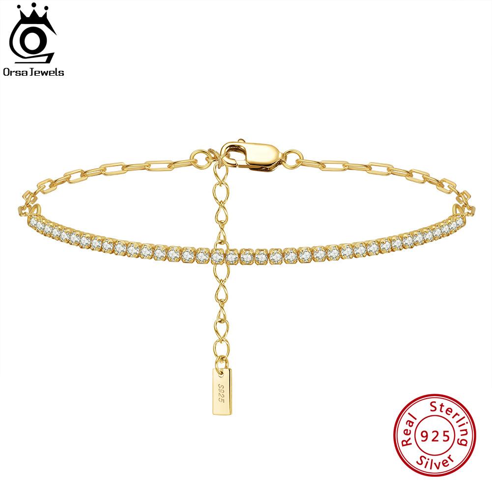 ORSA JEWELS Браслет-цепочка "Скрепка" с покрытием из 14-каратного золота, теннисный браслет для женщин, 925 пробы, стерлинговое серебро, ручная работа, ювелирные изделия SB141