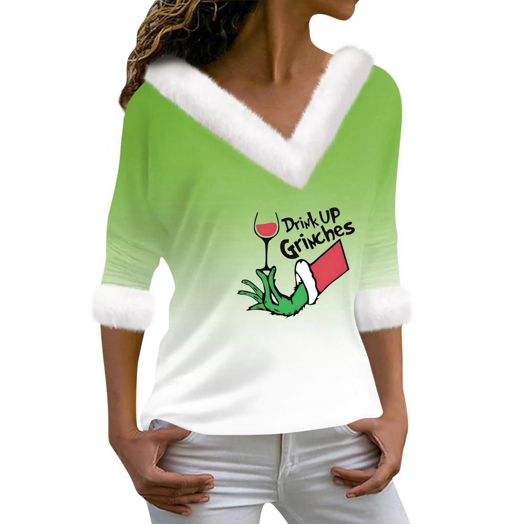 Женская футболка, рождественская рубашка с длинным рукавом, вечерние, рождественский флисовый воротник, топ с v-образным вырезом