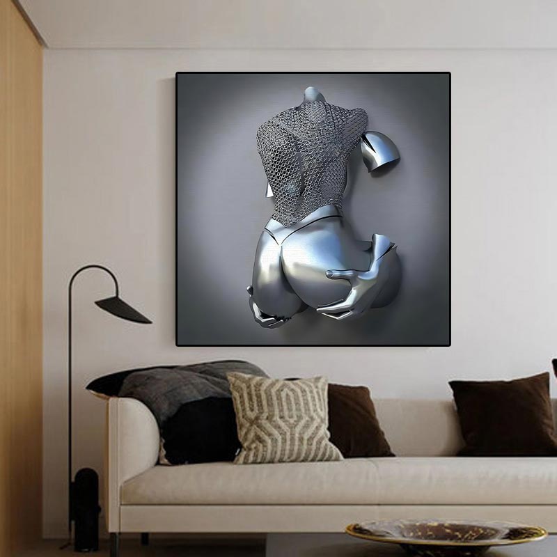 3D Visual Gold Silver Metal Figure Art Statue Canvas Painting Romantic Abstract Posters and Prints Wall Pictures Modern Home Decor for Living Room