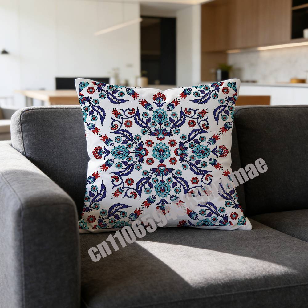 For Turkish Watercolor Painting Iznik Tile Floral Prints Throw Pillow Case Sham 45Cm Square Car Pillowcase Pad Cushion Cover