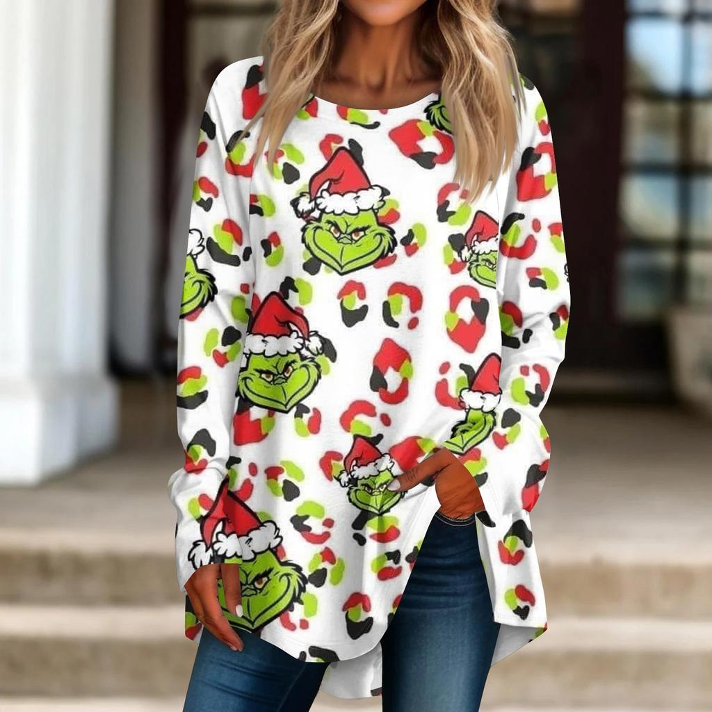Женская рождественская принтовая рубашка с длинным рукавом, круглый вырез, пуловер, футболка, топ, пуловер