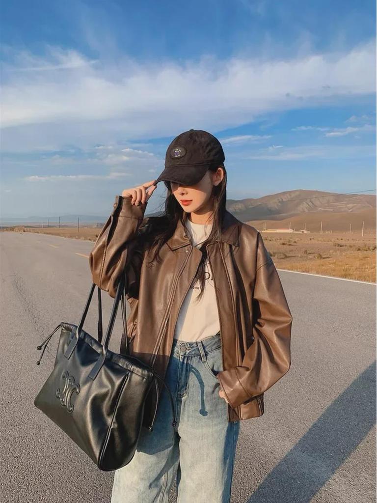2024 Women's Retro Brown Short Leather Jacket – Korean Style, Loose Fit, Perfect for Spring and Autumn, Stylish Motorcycle Design