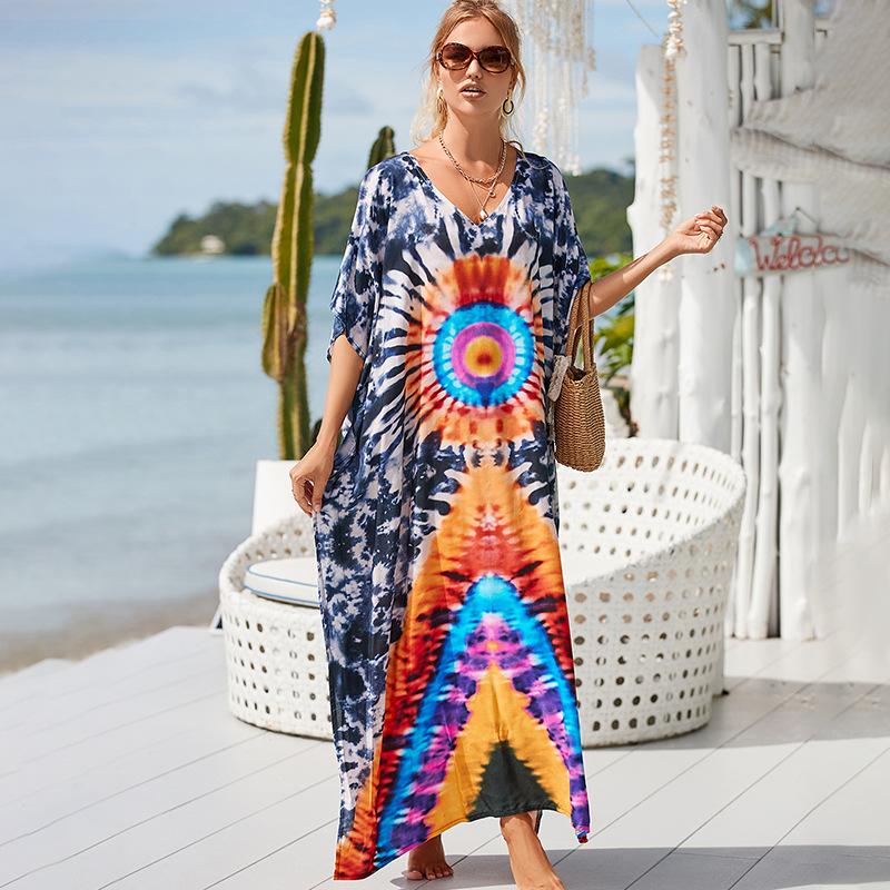 Plus Size Boho Cover Up, Women's Plus Painting Print Bat Sleeve V Neck Split Hem Maxi Cover Up Dress