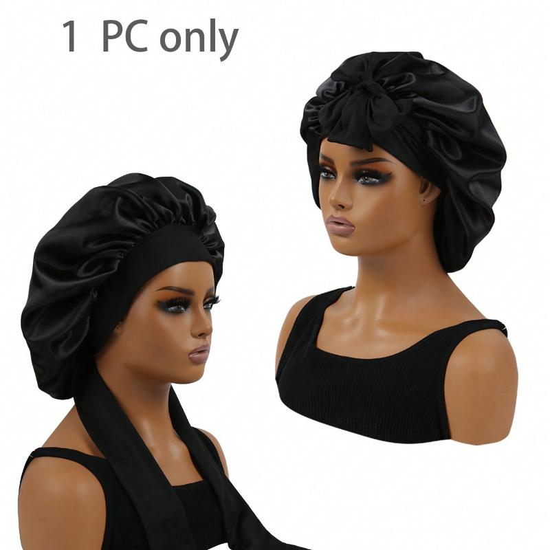 1PC Bowknot Lace Up Satin Bonnet Solid Color Elastic Sleeping Night Cap Lightweight Bath Cap Hair Bonnets For Women Girls Black Leopard Print