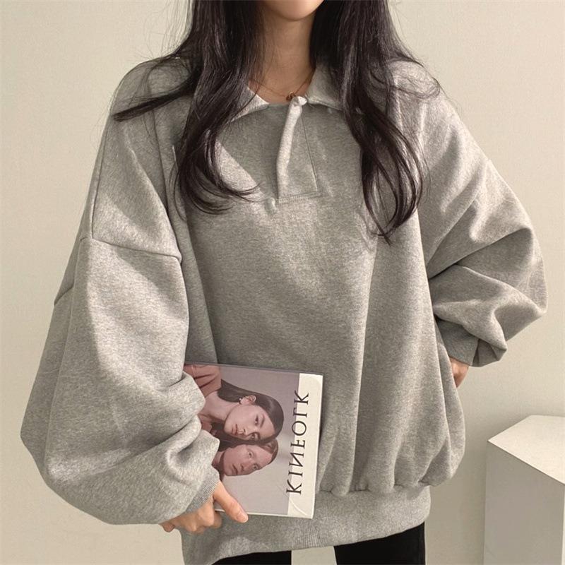 Women Polo Collar Loose Long Sleeve Casual Solid Sweatshirt Top Outerwear
