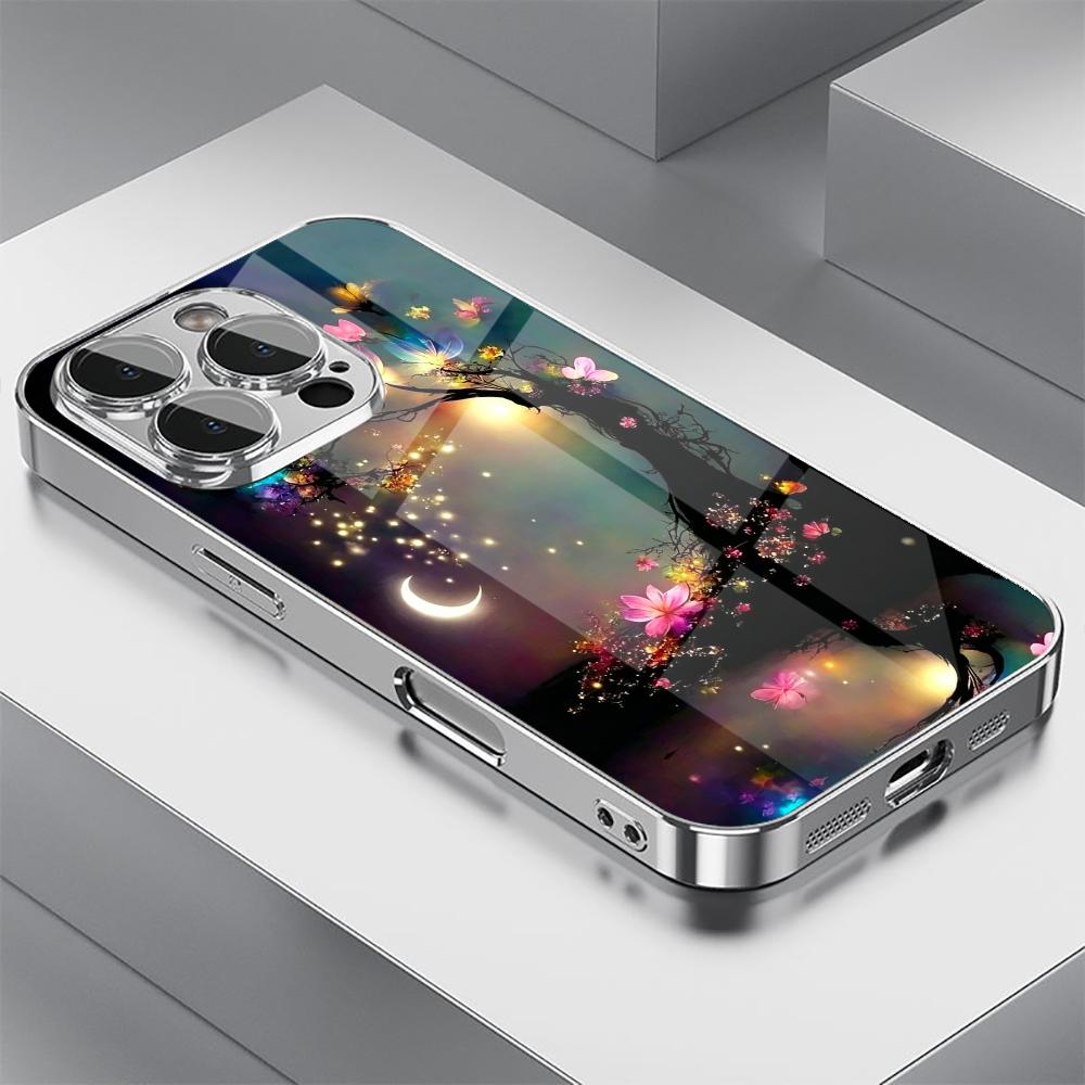 Fantasy Glowing Tree Tempered Glass Phone Case For iPhone 17 16 15 14 13 Pro Max Plus Electroplated Frame Shockproof Hard Cover