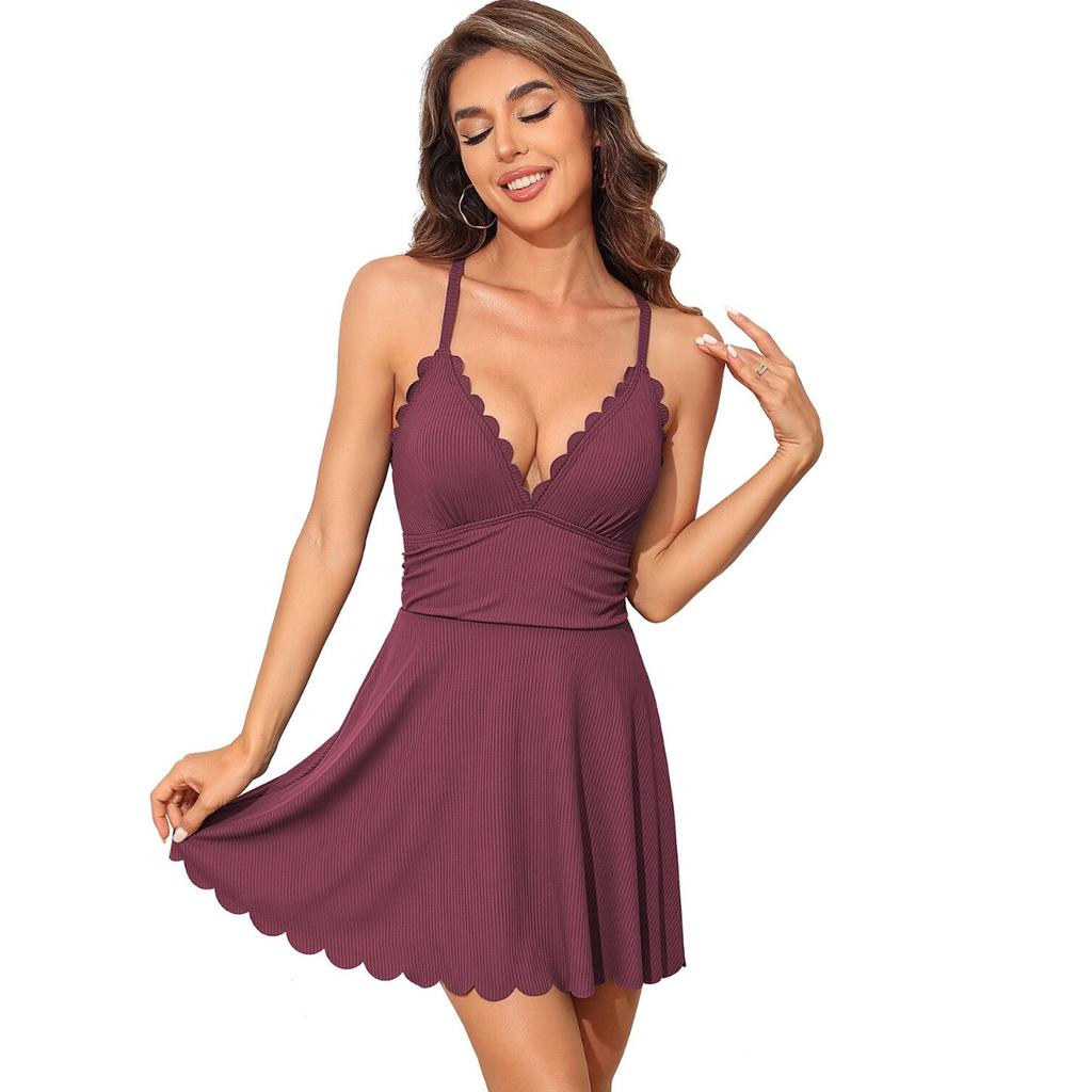 CHARMLEAKS Женский цельный купальник в рубчик, купальник с зубцами, купальник с V-образным вырезом и рюшами, купальный костюм с юбкой