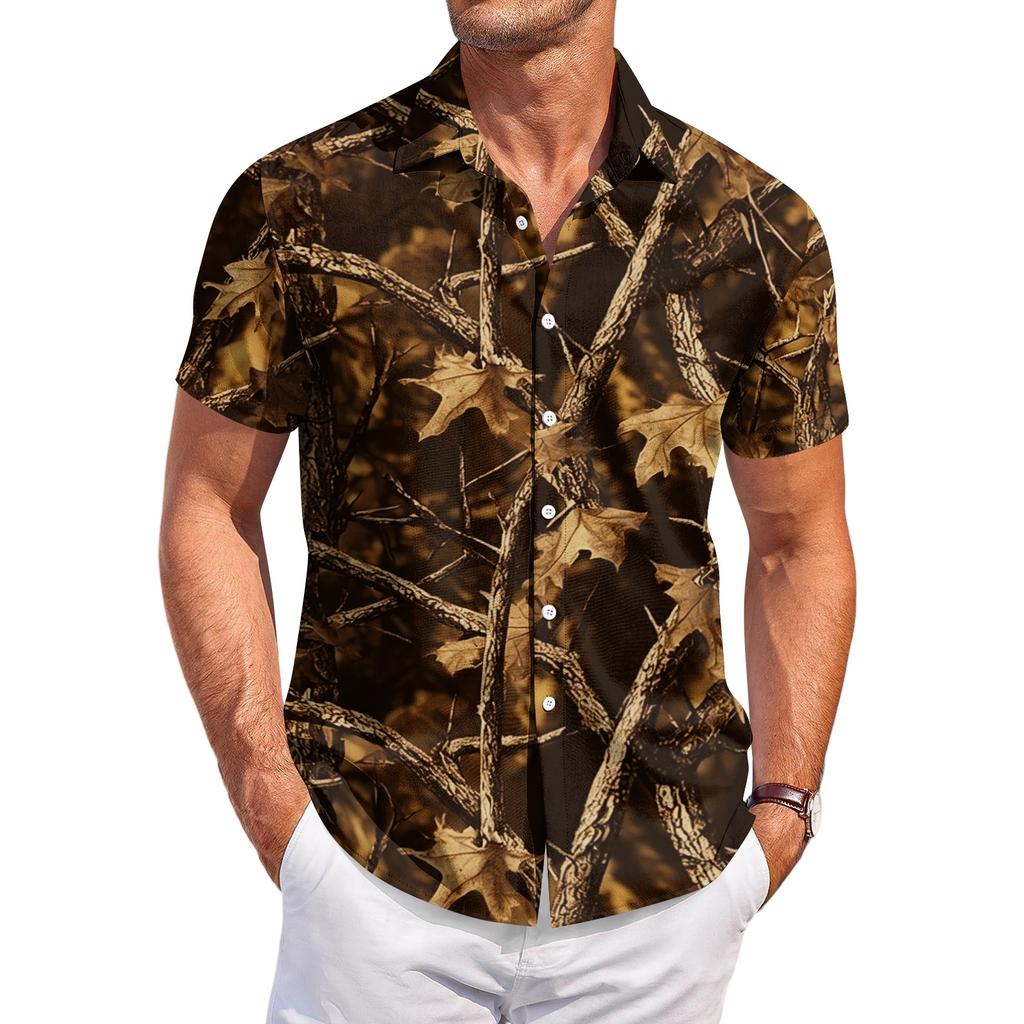 Men’s Casual Short Sleeve Shirt with Camouflage Print Button Down Design Suitable for Daily Wear Outdoor Activities and Travel