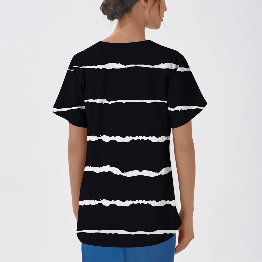 Women's Fashion Printed Short Sleeve V Neck Pattern Tops Pocket Working T-shirts