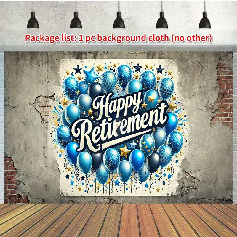 2D Happy Retirement Backdrop with Blue Balloons and Stars Party Background