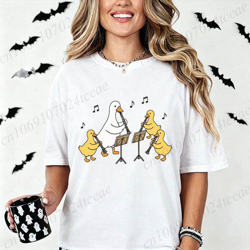 Cute Goose Duck Clarinet Band T-shirt Women Funny Cartoon Music Note Graphic Tee T-Shirts Casual Tops Gift for Music Lover