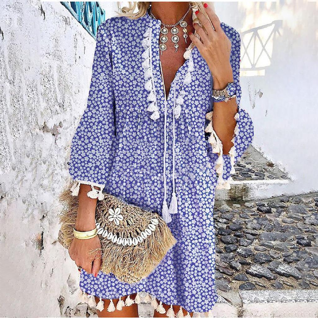 Women Three-quarter Sleeve Boho Floral Printed Dress Tassel V-neck Dress