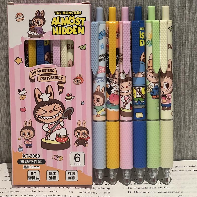 6Pcs Cute Cartoon Labubu Gel Pen Kawaii 0.5Mm Black Ink Press Pen School Supplies Girl&Child Stationery Gifts