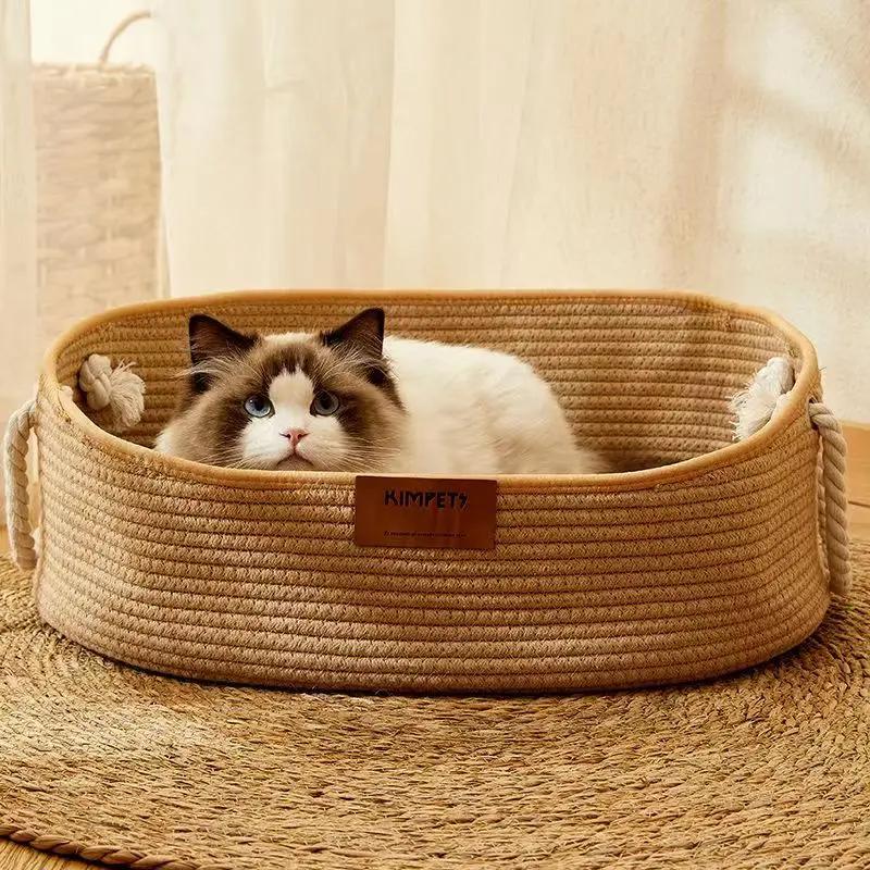 OUZEY Лежанка для домашних кошек Ручная плетеная из ротанга Лежанки для кошек Удобная для сна Износостойкая и устойчивая к царапинам Кошачье гнездо Корзины для котят