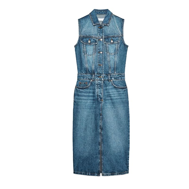 Spring New Women's Clothing Retro Mid Length Long Length Cotton Lapel Sleeveless Denim Dress 9942154