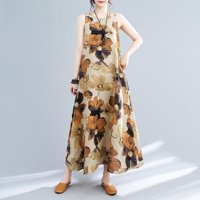 Бохо Платье из хлопка и льна больших размеров для женщин Летнее без рукавов С принтом Свободное Длинное