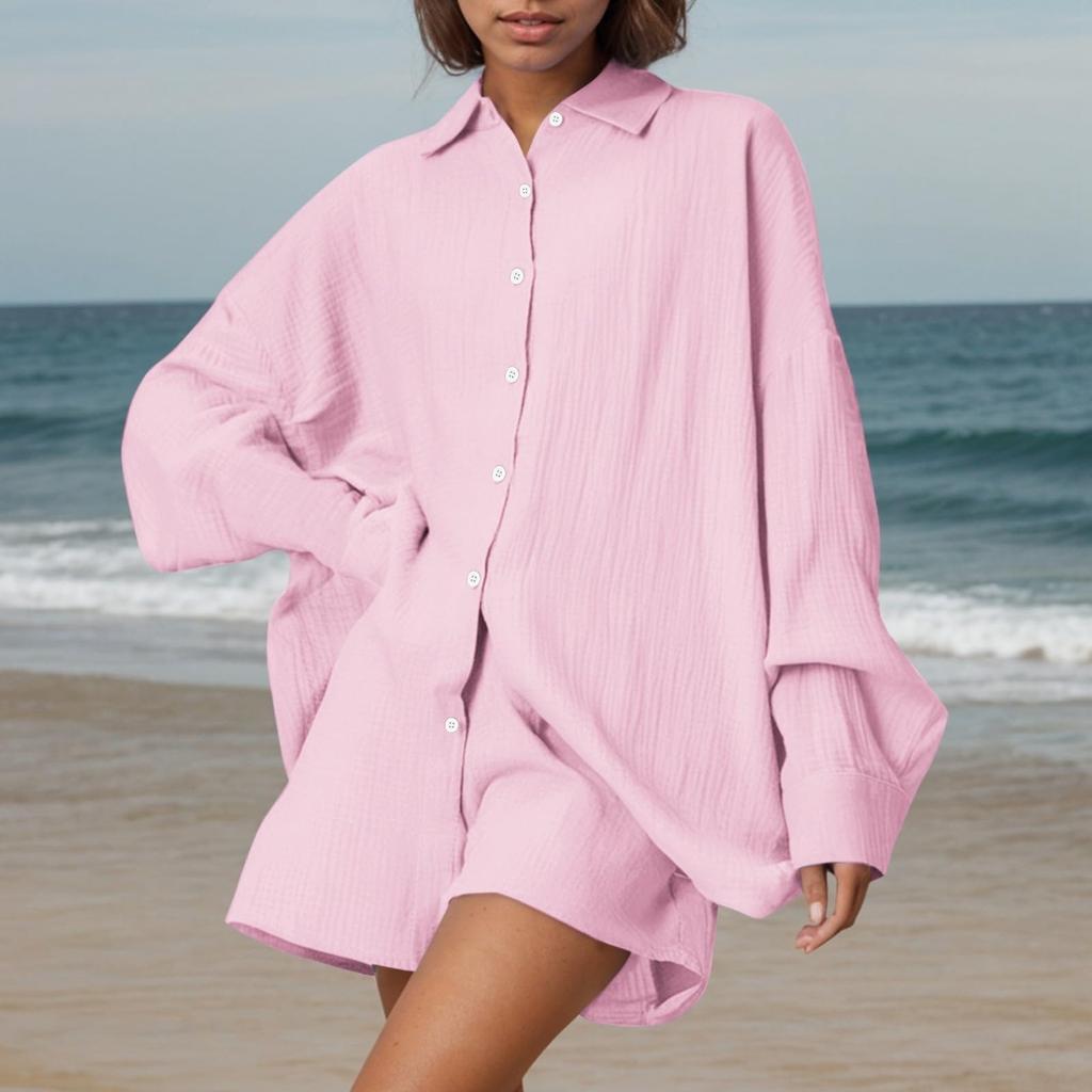 Women's Fashion Cardigan Solid Color Casual Pleated Long Sleeve Top Shorts Set