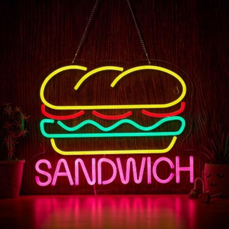 Burger and Sandwich Neon Sign Hamburger Shop LED Neon Light Fast Food Business Signs for Restaurant Kitchen Party Dimmable Light