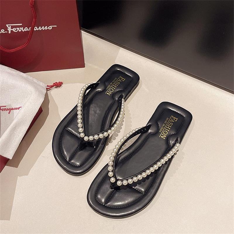 Женские летние 2025 шлепанцы с жемчугом и стразами, нескользящие: Элегантные уличные пляжные шлепанцы