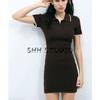 Spring Women Clothes Korean Style Contrast Color Trim Short Sleeve Polo Shirt Collar Knitted Mini Dress 0014001
