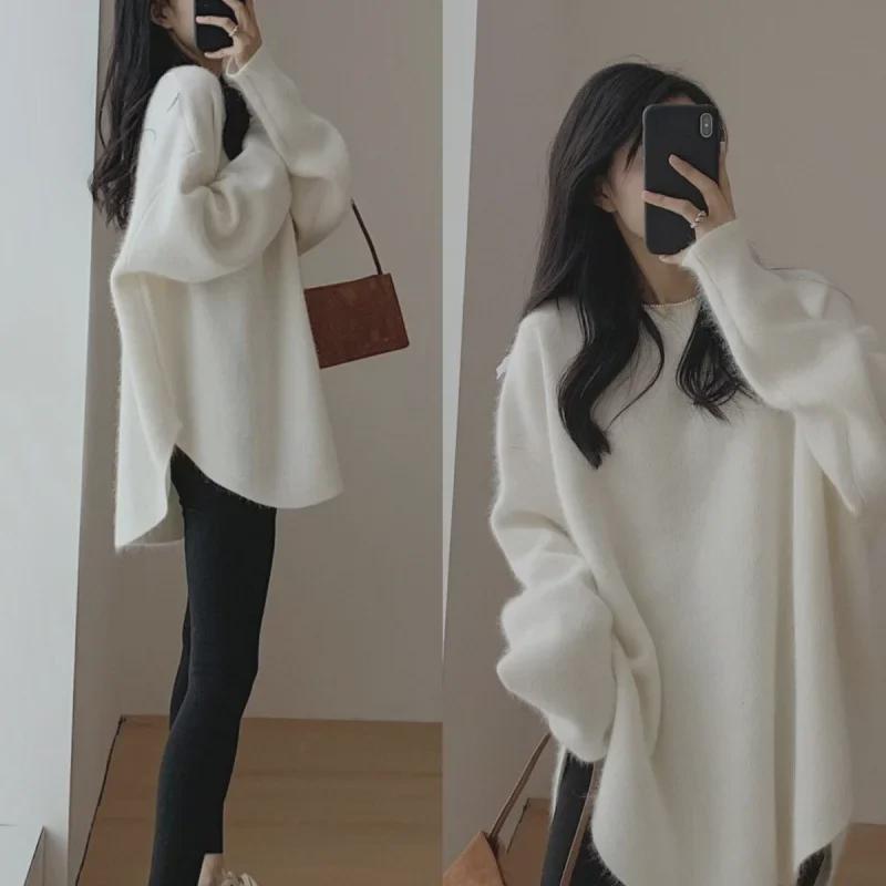 Women's Lazy Style Mid-Length Knitted Sweater - Autumn & Winter 2024 Loose Long-Sleeve Thickened Top
