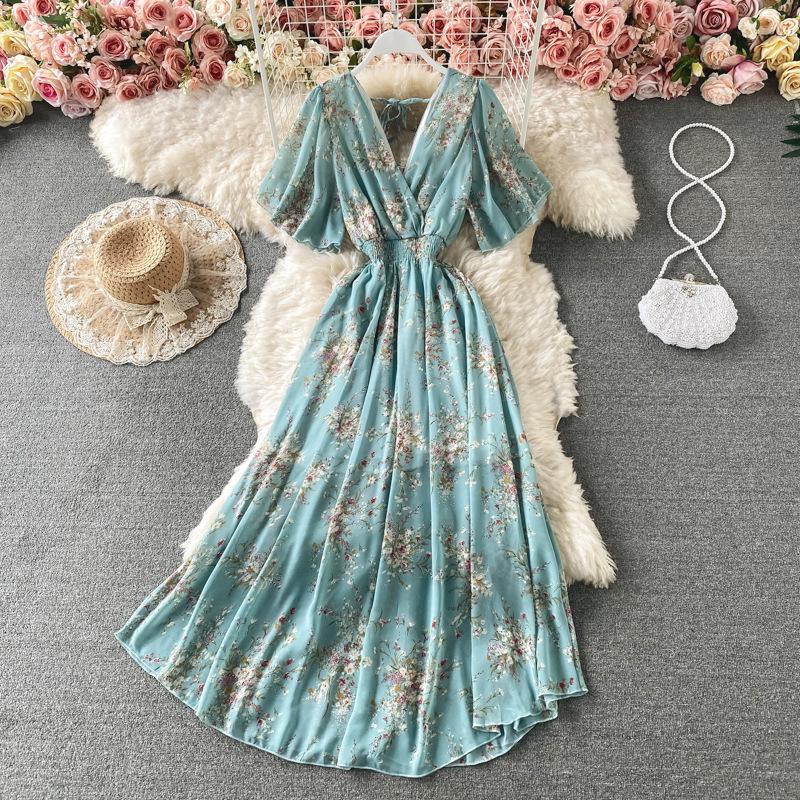 Женские летние сексуальные пляжные платья с v-образным вырезом на талии и длинными шифоновыми цветочными платьями