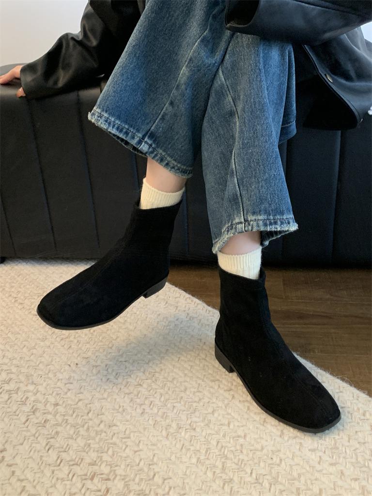 ~ Retro Square Head Suede Versatile Thick Heel Heightened Thin Short Boots Women's Autumn and Winter Large Size 42