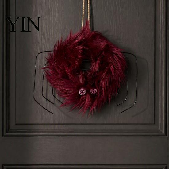 Halloween Wall Hanging Ornaments Fluffy Wreath for Front Door, Cute Furry Spider Fall Home Decor Wreaths with Pom Poms Party Fireplace Decorative