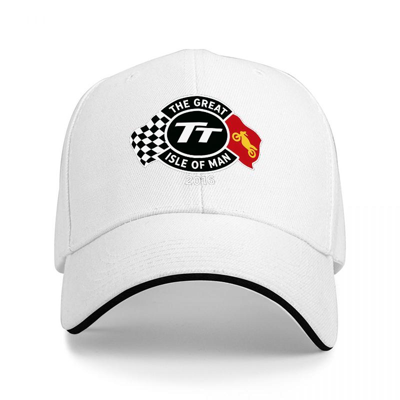 TT Isle of Unisex  Racing Logo Black Baseball Cap with Checkered Flag Design and White Trim for Motorsport Fans