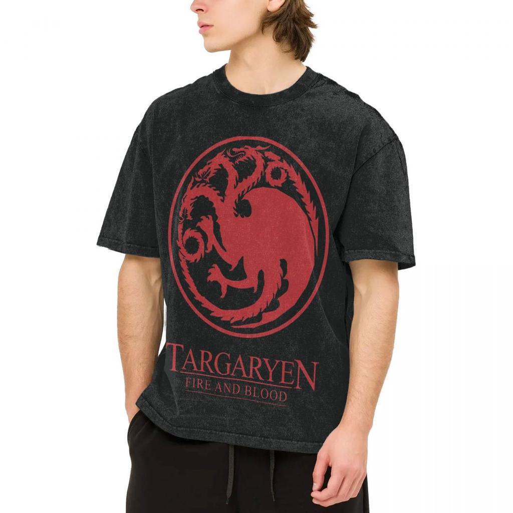 House Targaryen Fire And Blood GOT Washed T Shirt Streetwear Hip Hop Vintage T-Shirt Tees Tops Men Women Short Sleeve Oversize