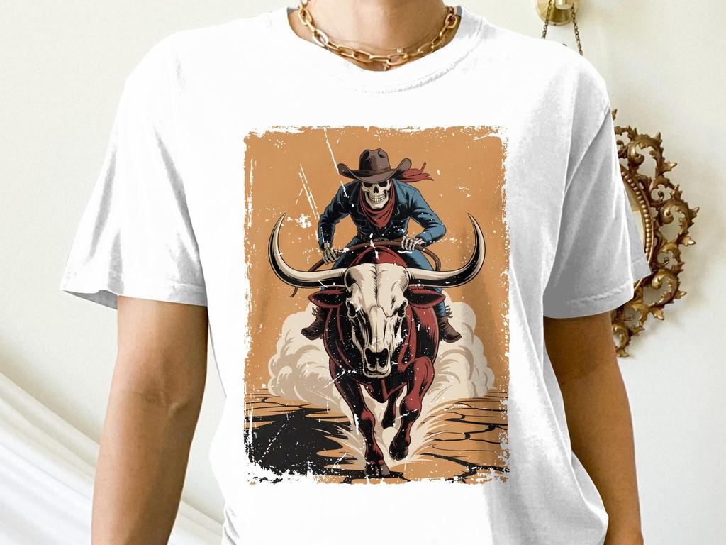 Cowboy Skeleton T-Shirt, Bull Rider Tee, Rodeo Graphic, Western Wear, Desert T-Shirt, Unique Cowboy Gift, Skull and Bull T Shirt