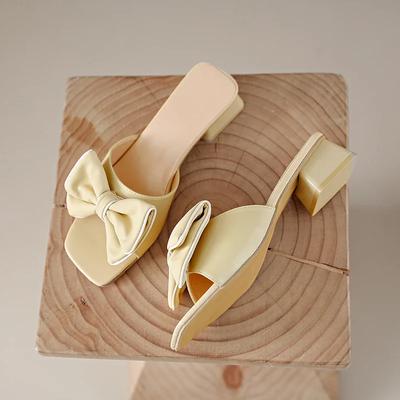 2024 Новая мода квадратный носок открытый носок женские тапочки бант украшенный толстый каблук удобный внешний платье женская обувь