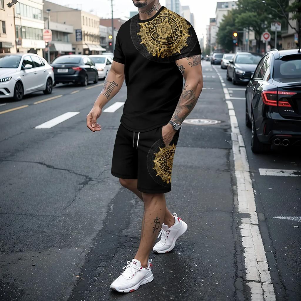 Летний мужской спортивный комплект для отдыха с 3D свободной уличной футболкой с короткими рукавами в стиле ретро + шорты, комплект из 2 предметов для мужчин