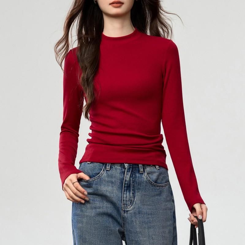 Soft Brushed Cotton T-Shirt Women Fall Winter Long Sleeve Slim Fit Stand Collar Base Layer Top