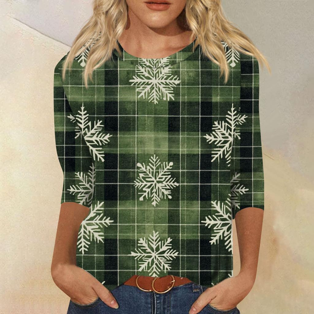 Women's Fashion Casual Seven Sleeve Christmas Printed Round Neck Top