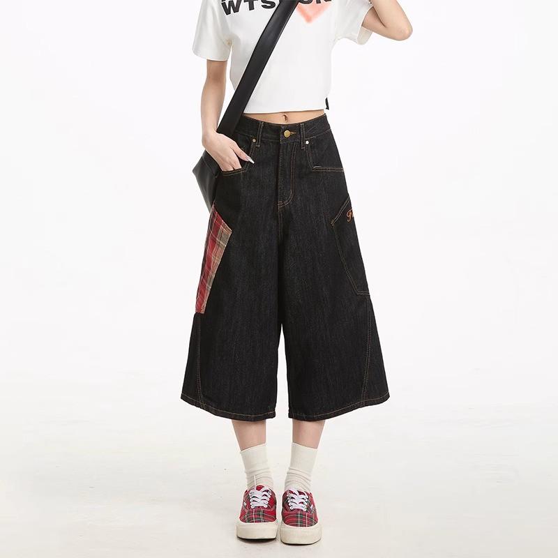 Womens Cargo Capri Jeans High Waist Wide Leg Plaid Pocket Casual Denim Pants