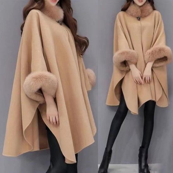 Женское зимнее пальто-накидка с рукавами «летучая мышь» Толстая шаль Свободный воротник-стойка Однотонный декор из искусственного меха Теплая повседневная одежда для работы и отдыха на открытом воздухе Пончо