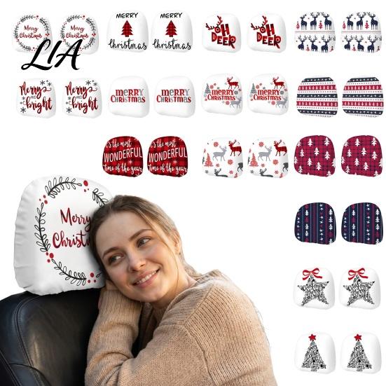 Soft Polyester Seat Cushion 2Pcs Christmas Car Headrest Covers, Elastic Holiday Printed Head Rest Cover, Vehicle Interior Styling Funny Auto