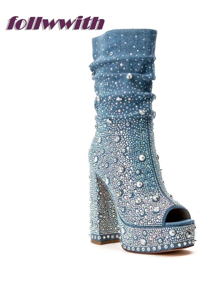 Блестящая отделка заклепками, джинсовые туфли-лодочки с квадратным каблуком и открытым носком на платформе, супервысокий каблук, современные, 2025, горячая распродажа, обувь-новинка