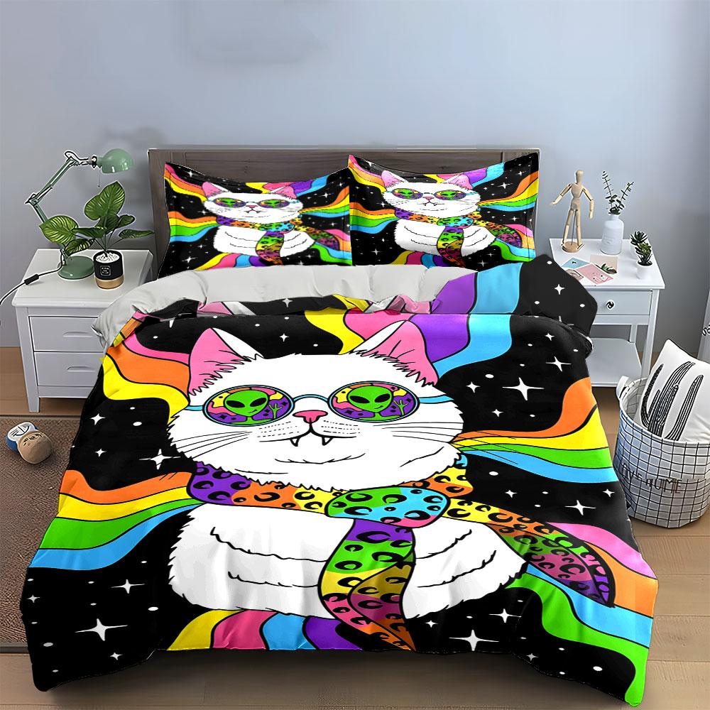 Cat, aliens, rainbow, stars. Bedding sets Duvet cover sets Duvet covers Pillowcases(1*Duvet Cover 2*Pillowcases without duvet insert)