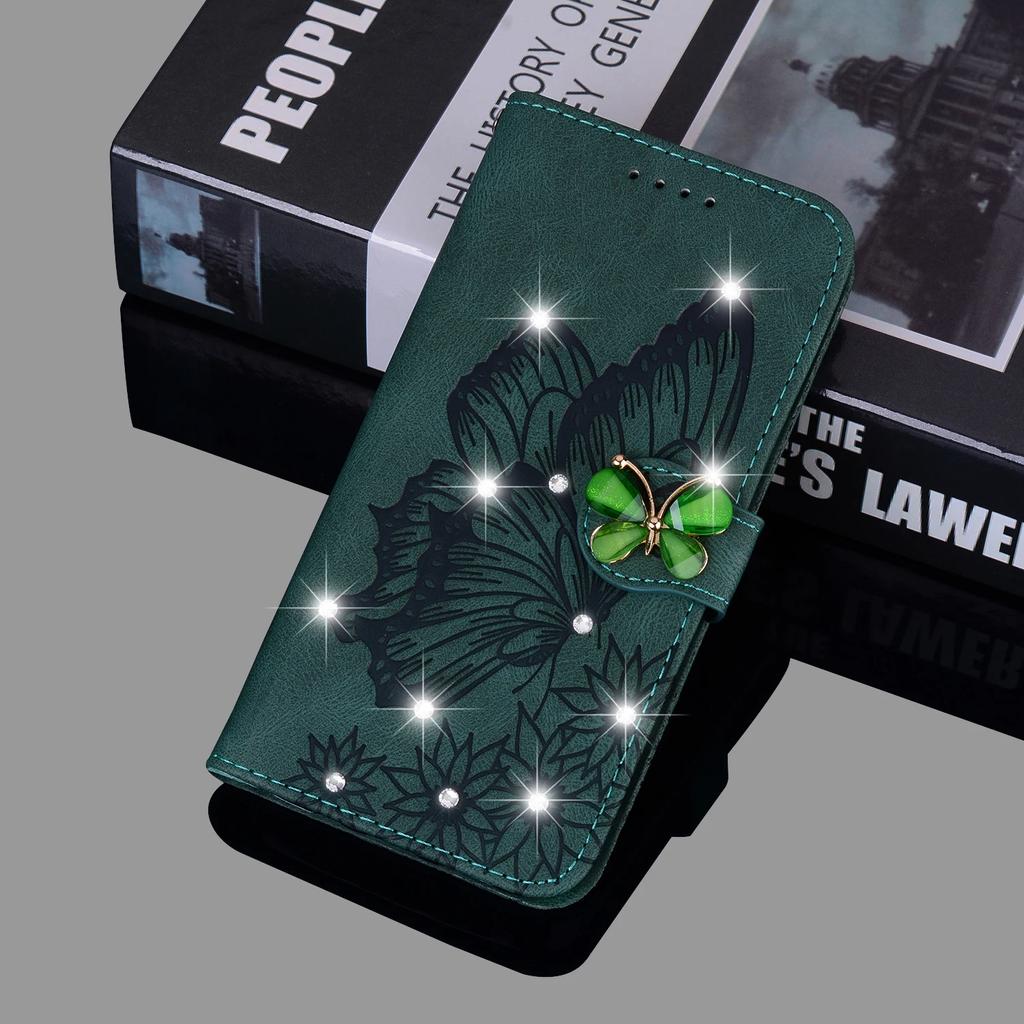 Кошелек-книжка с блестящей кожей для телефона iPhone 16 Pro Max 15 Plus 11 14 13 12 XR XS X SE 2020, с бабочкой, Bling, обложка-книга с карманами