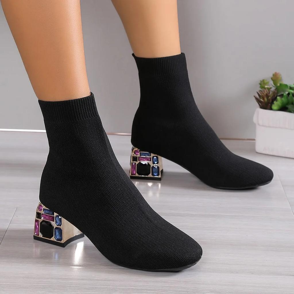 Fashion Thick Heel Ankle Boots Women's 2024 Autumn New Round Toe Slip-on High-heeled Comfortable Fashion Boots Women